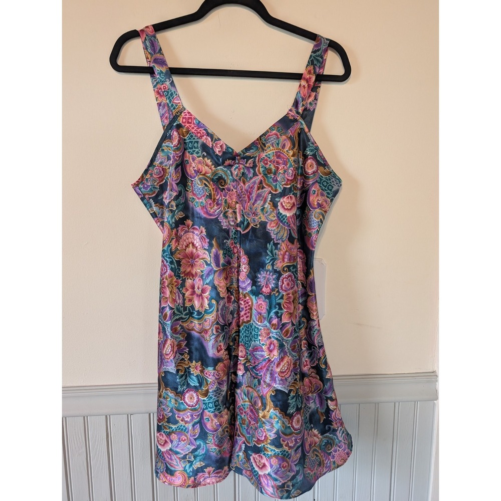 Vintage Satin Slip Dress Women Large Paisley Floral Chemise Coquette 90s Romance